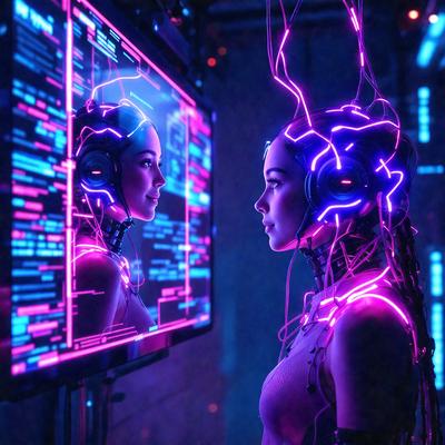 The primary subject of the image is a woman wearing a futuristic, high-tech outfit, which includes a headset and a pink glow. She is standing in front of a large screen, which displays a reflection of her face. The setting appears to be a futuristic environment, possibly a club or a high-tech facility. The visual style of the image is a combination of digital art and illustration, creating a unique and captivating scene. The colors and mood of the image are predominantly pink and futuristic, giving the impression of a futuristic, high-tech world.